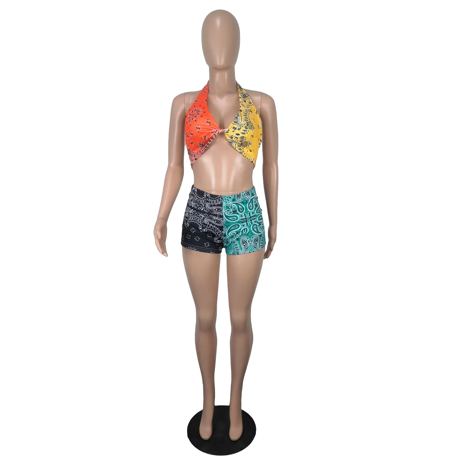 

Sexy Women's Set Print Halter Crop Tank Top + Short Pants Backless Party Night Clubwear Outfits Spring Summer Clothes For Women