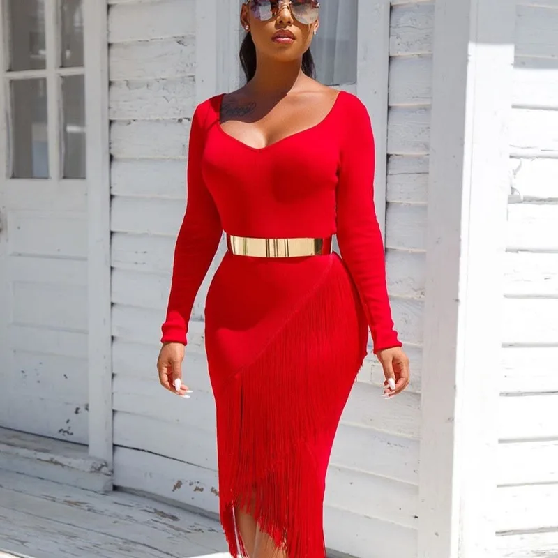 

African Riche Bazin Dress Women Bodycon Tassel Red Long Sleeve Dress Africa American Clothing Elegant Party Evening Africa Dress