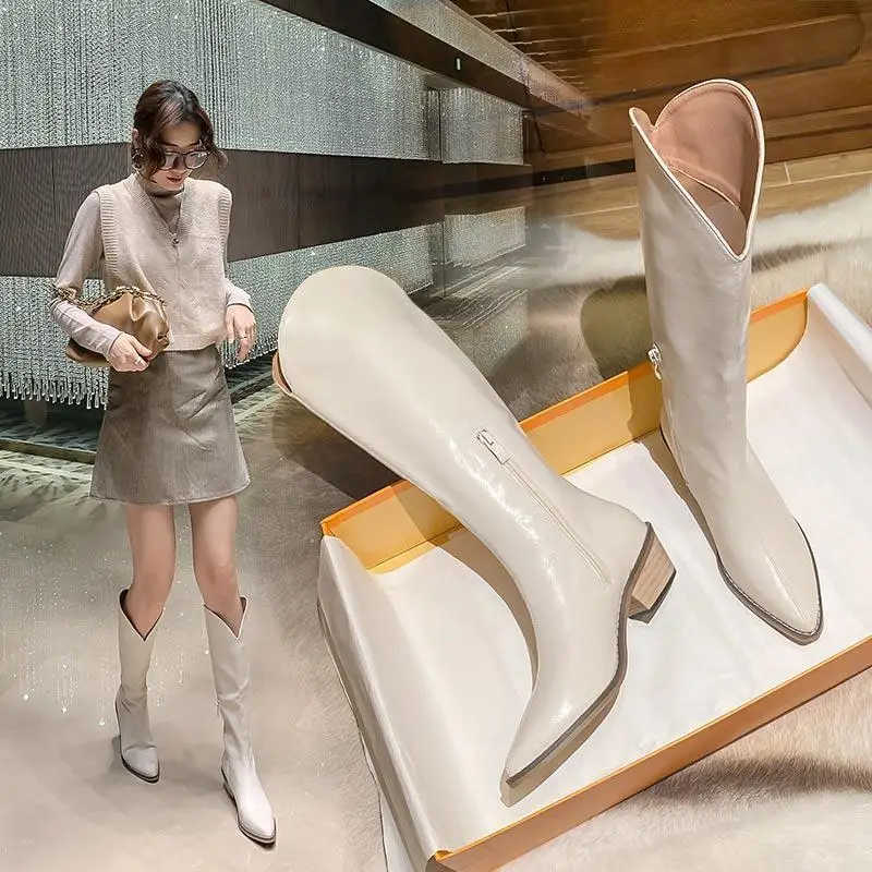 

Женские ковбойские сапоги до колена, сапоги до середины икры, на высоком каблуке, с острым носком, зимняя обувь, Размеры 35-40