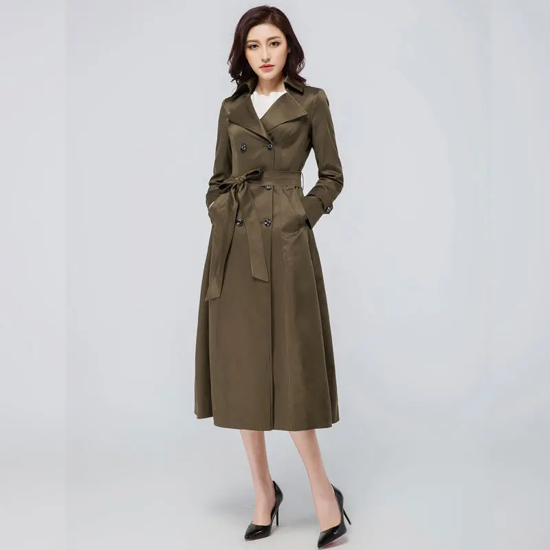 

Женский Длинный тренчкот в британском стиле, Осеннее двубортное пальто Макси большого размера, тонкая однотонная женская ветровка