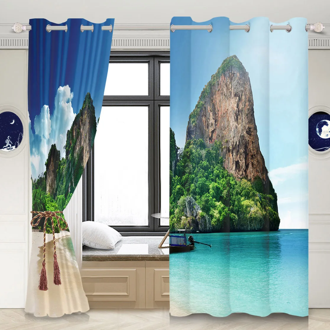

3D Printing Seaside Sunny Beach Curtains Island Pattern Window Drapes Perforated Blackout Treatment Cortinas Polyester