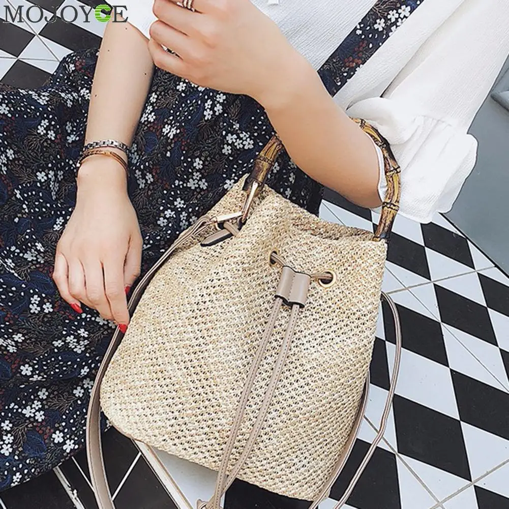 Простая женская сумка-ведро через плечо Соломенная летняя пляжная