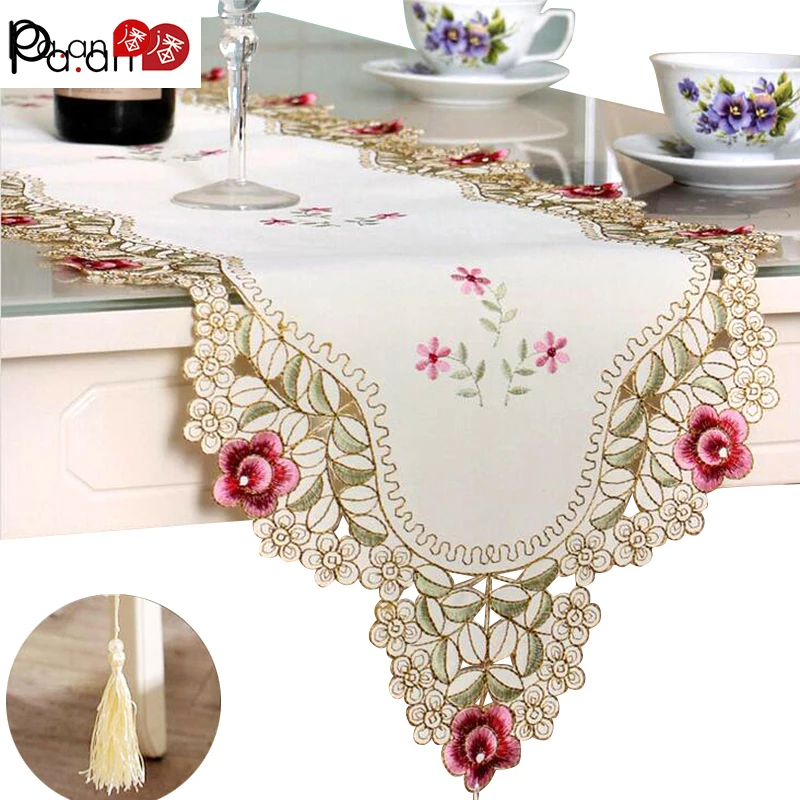 

Pastoral Table Runner Embroidered Flower Leaves Hollow Polyester Table Covers Dustproof Table Decor for Home Party Wedding Pa.an