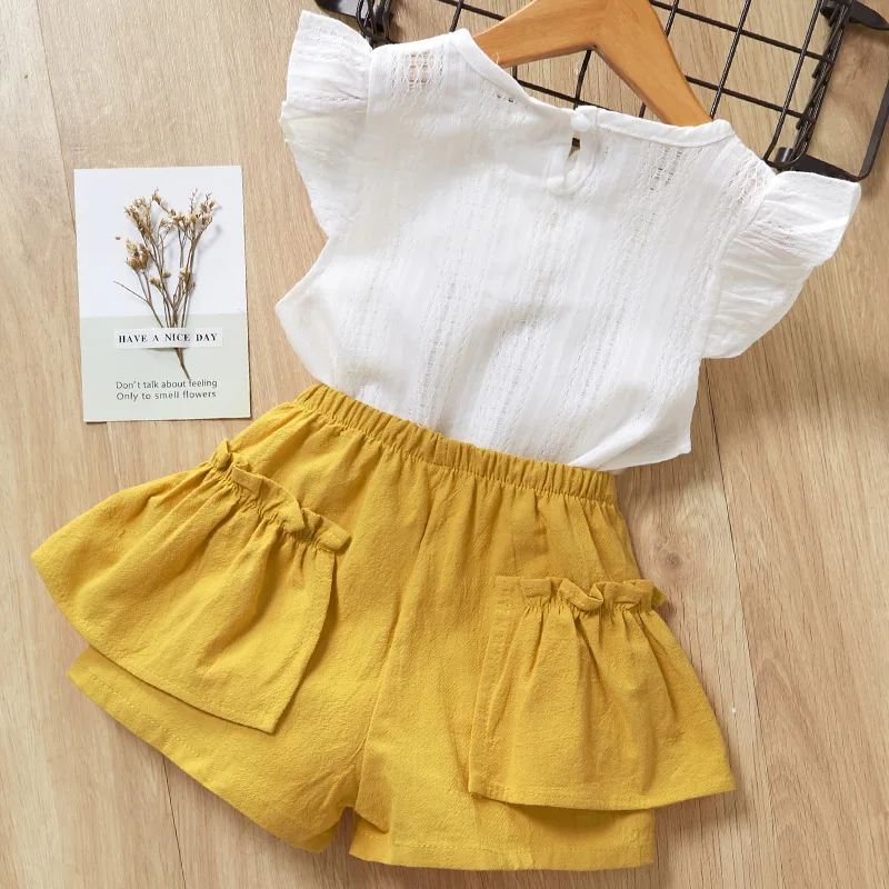 Комплекты одежды для девочек новинка летний белый топ с круглым вырезом + штаны