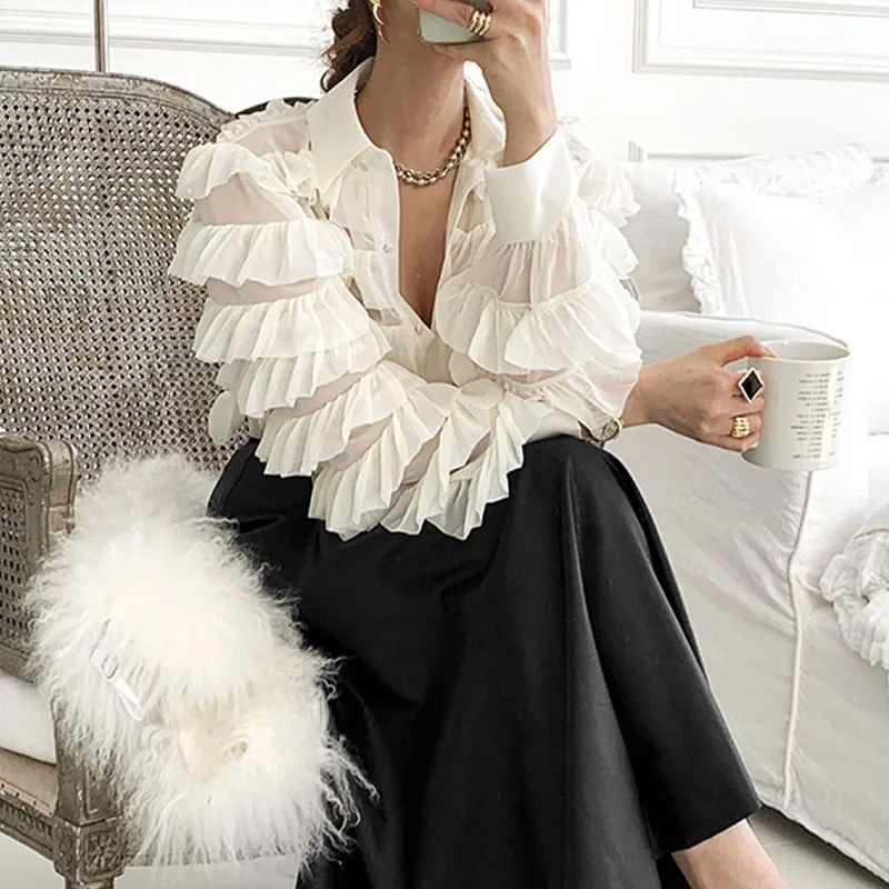 Новая весенняя Корейская Блузка с оборками женские модные топы отложным