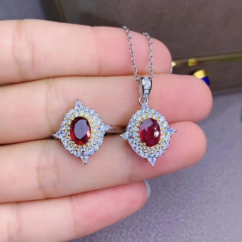 

Oval Cuted Heated Ruby Jewelry sets for Women Red Gemstones Party Engagement Fine Jewelry sets 925 Sterling Silver #Q1003