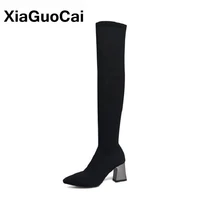 autumn winter women boots over the knee fashion plush warm long boots knit black slim sexy ladies shoes high heels pointed toe