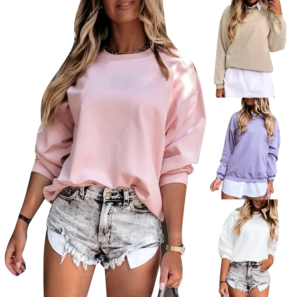 

Women Autumn Solid Color O Neck Long Sleeve Loose Pullover Sweatshirt Blouse This solid color blouse is simple design HOT SALES!