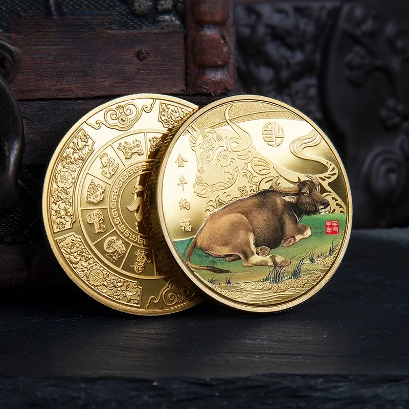 

2021 New Year Commemorative Coins Twelve Zodiac Ox Cattle Painted Gold Plated Medal Decorative Collection Gift