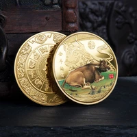 2021 new year commemorative coins twelve zodiac ox cattle painted gold plated medal decorative collection gift
