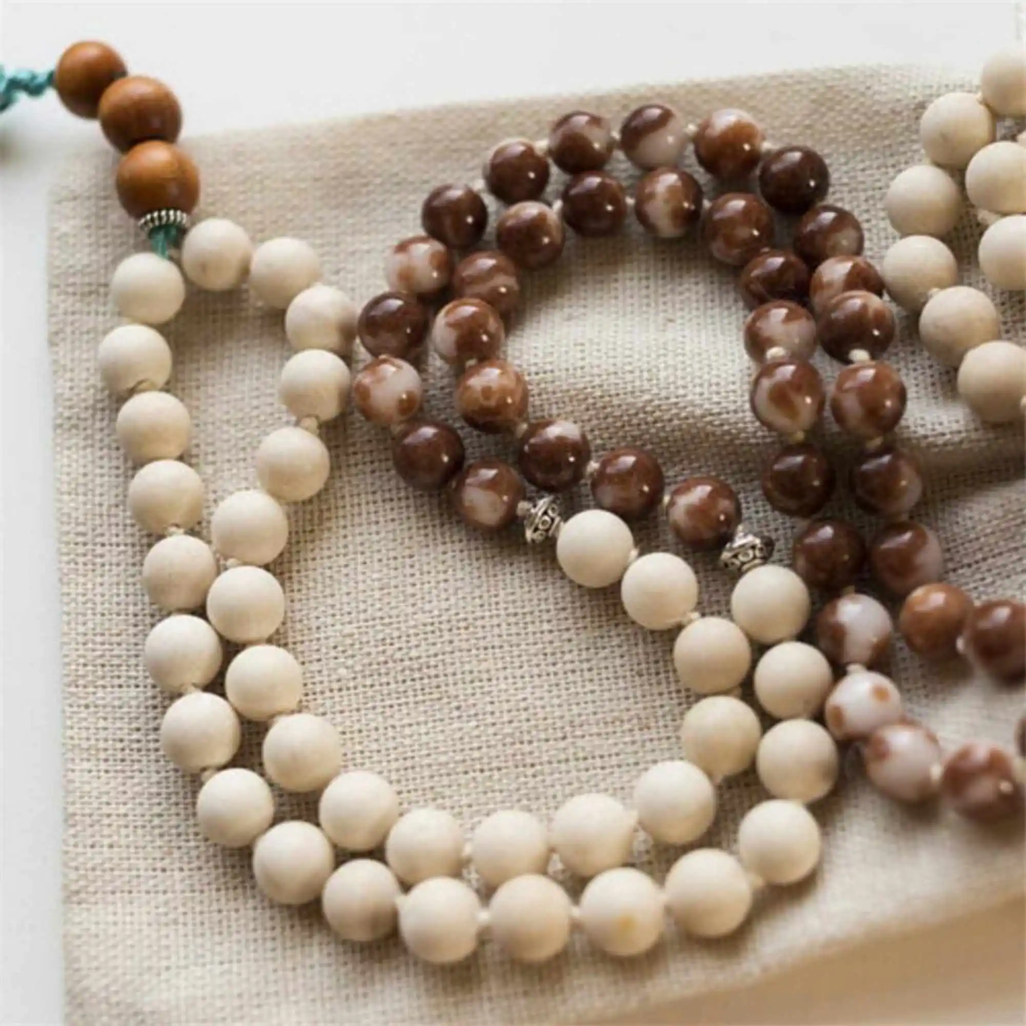 

8mm Natural White Sandalwood jasper gemstone Necklace Wrist Dark Matter Cuff Taseel Souvenir Mental Blessing Pray Energy spread