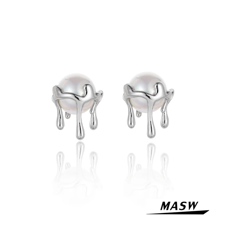 

MASW Original Design Geometric Stud Earrings Cool Style Irregular Metal Silvey Plating With Pearl Women Earrings Jewelry Gifts