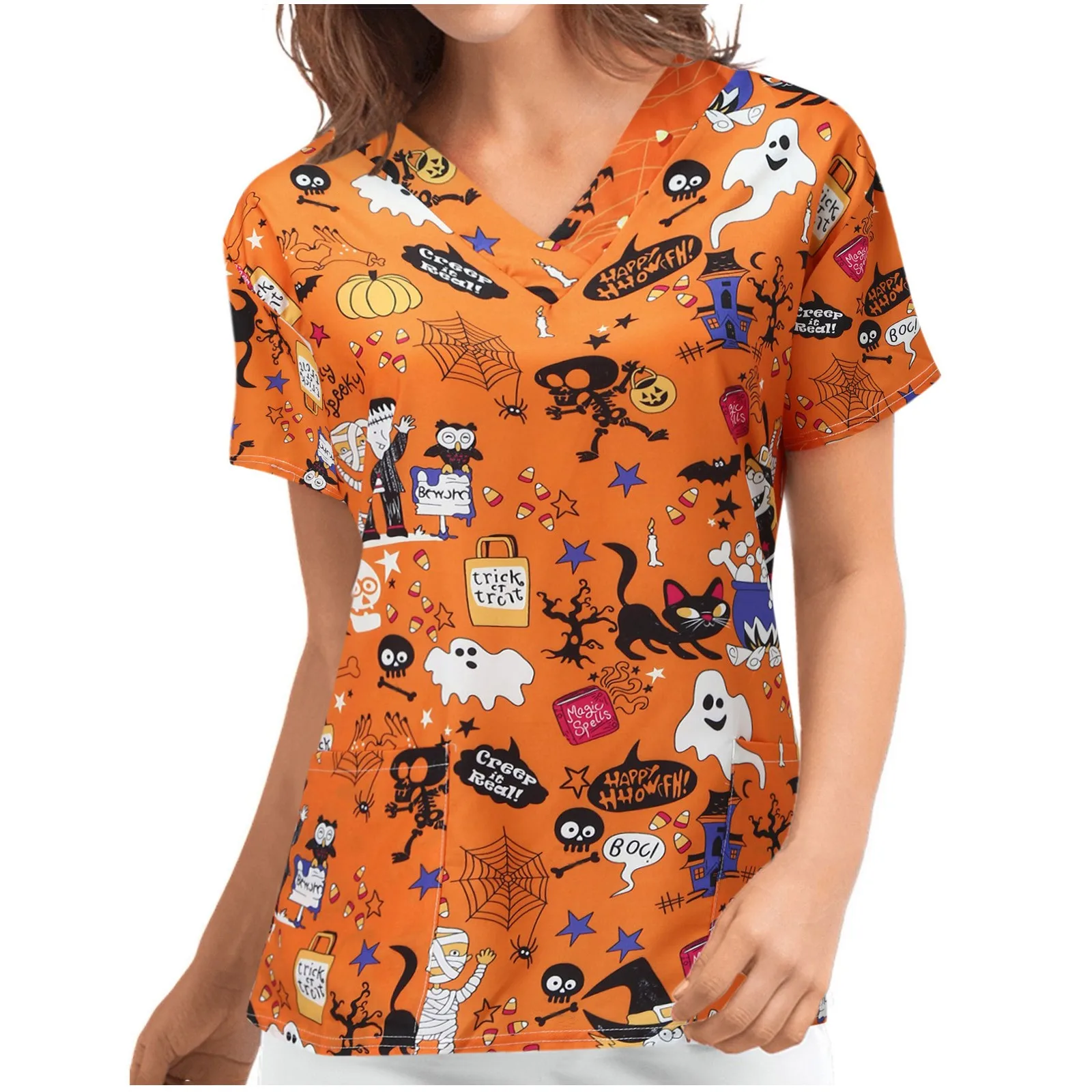 

Women Working Uniform Short Sleeve V-neck Rabbit Pattern T-shirt Nuring Workwear for Women Fashion Newest Halloween enfermera