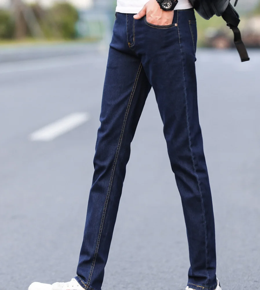 

2021 New Men's Mid Waist Dark Blue Feet Jeans Fashionable Wild Youth Pencil Cow Pants