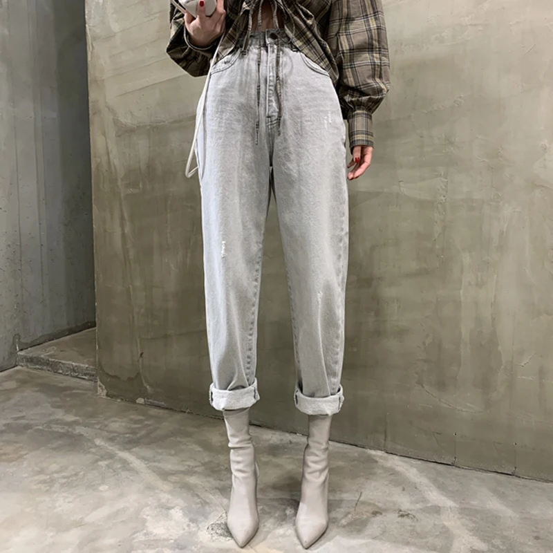 Женские винтажные прямые джинсы Mozuleva свободные серые с высокой талией и