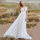 Кружевное фатиновое свадебное платье-трапеция с V-образным вырезом и открытой спиной, 2021
