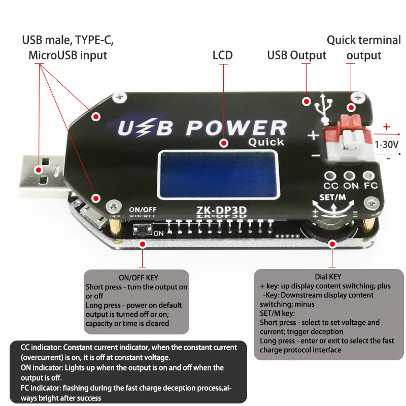 CNC USB TYEPE C DC преобразователь CC CV 1 30V 2A 15W модуль питания Регулируемый источник QC2.0 3 0
