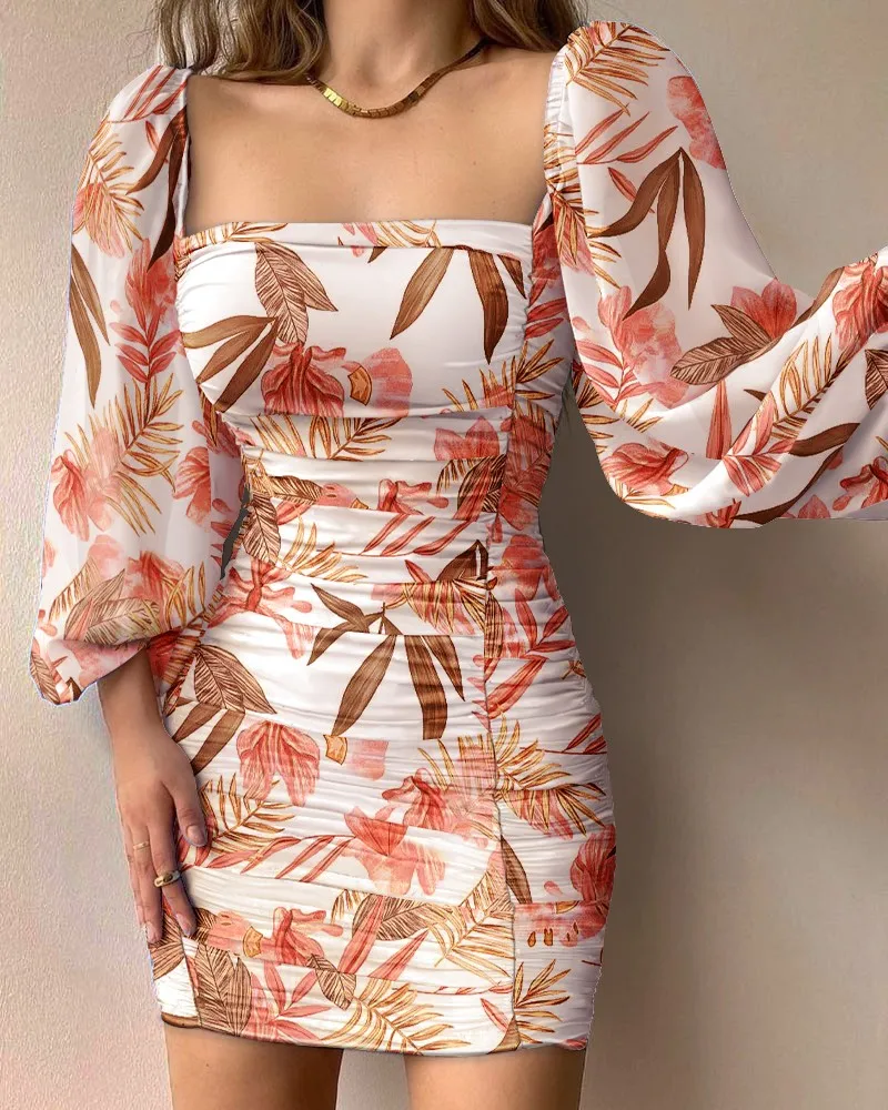 

Сексуальное облегающее мини-платье Shein Romwe Y2K с квадратным вырезом, цветочным принтом и рукавами-фонариками, вечернее праздвечерние чное жен...