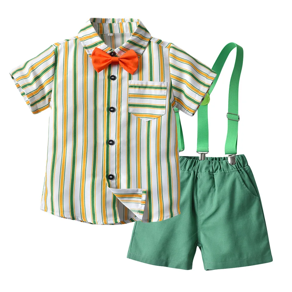 

Boys Outfit Summer Toddler Kids Clothes Children Sets Cotton Striped Shirt with Red Bow + Green Shorts 4 PCS Fashion Costume