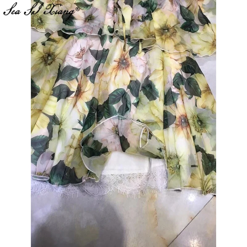 

Seasixiang Fashion Designer Summer Chiffon Dress Women's Cloak Sleeves Camellia Floral Print Vacation Bohemia Dresses