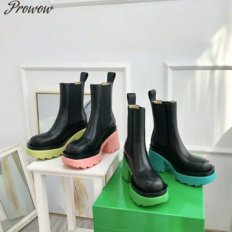 

Prowow Pumps Women Shoes Luxury Designer Round Toe Mid-Calf Chunky Boots Mixed Colors Slip-on Autumn Winter Shoes