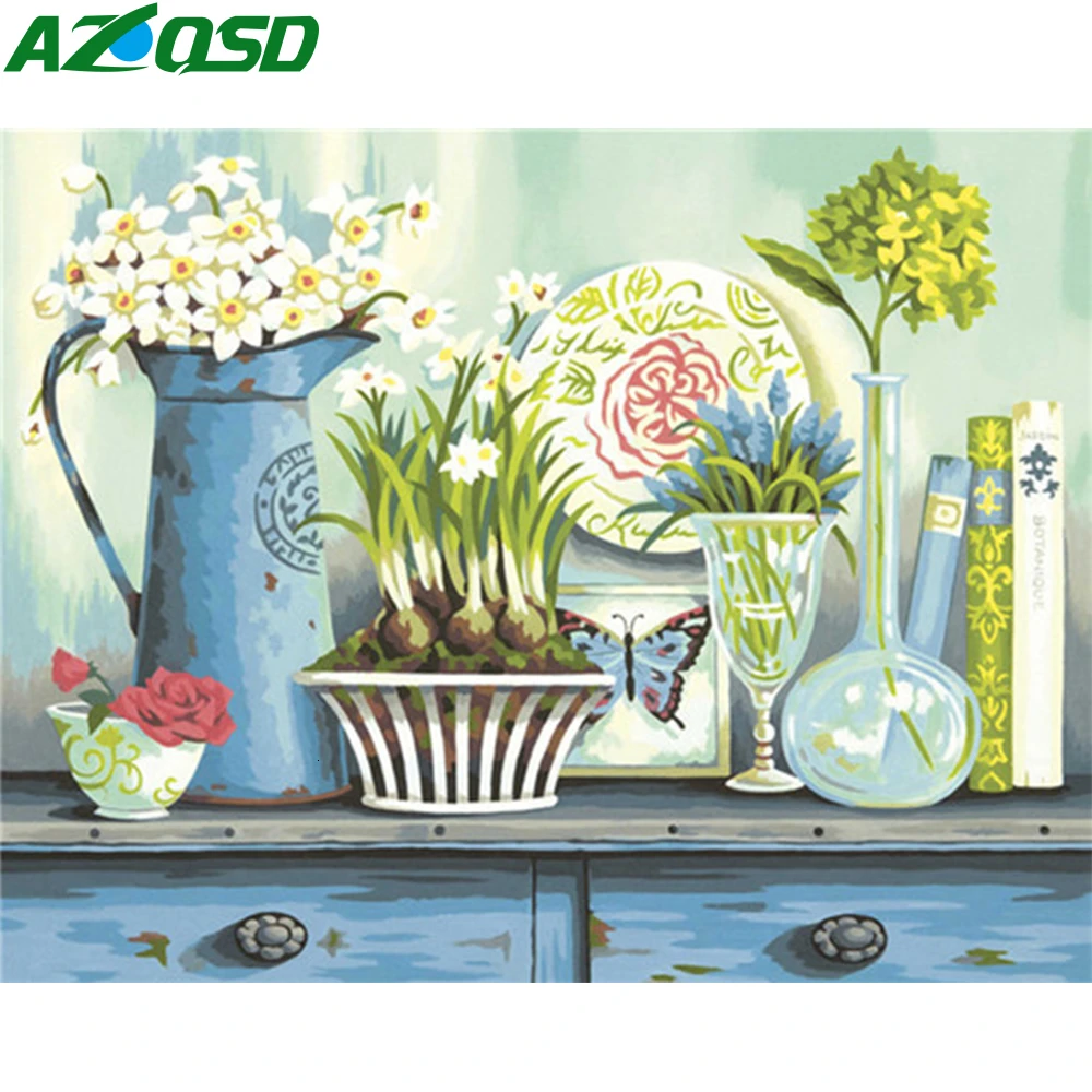 

Раскраска по номерам AZQSD «сделай сам», кухонный цветок, нерамка, акриловая краска для украшения дома, рисование маслом по номерам, ручная рос...