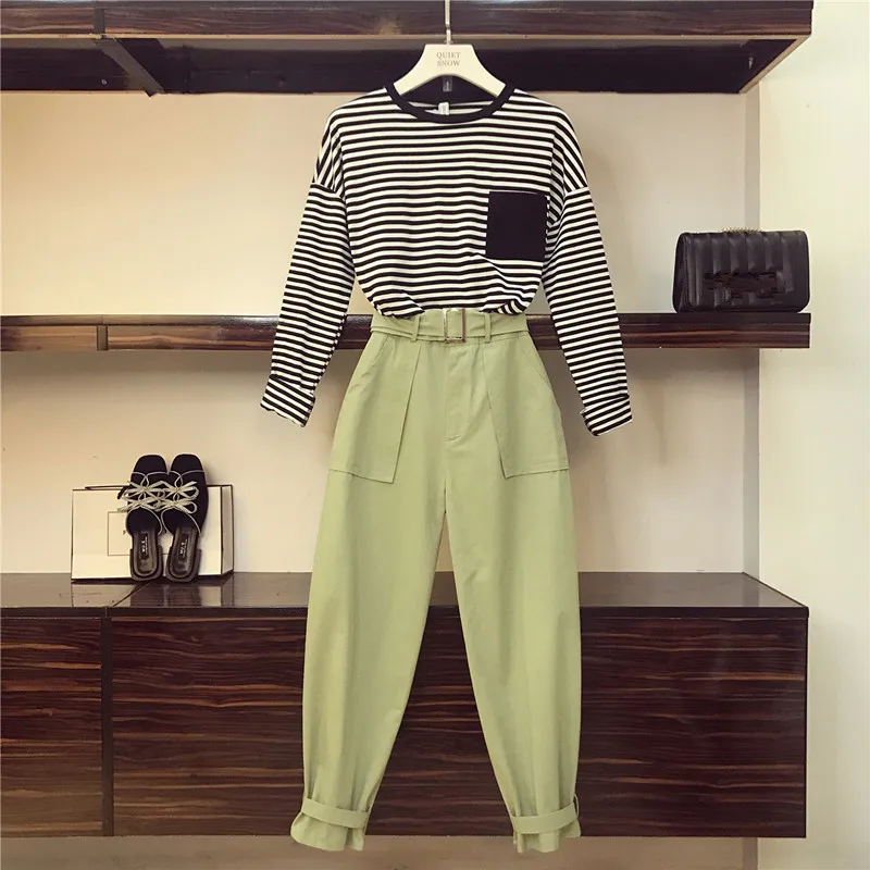 Спортивный костюм для женщин s круглый воротник полосатый карман с длинными