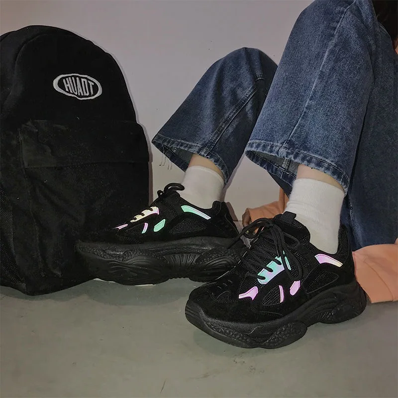 Women Sneakers Platform Chunky Fashion Mesh Casual Shoes Reflective Comfortable Thick Sole Ladies White Flats Vulcanize Shoes