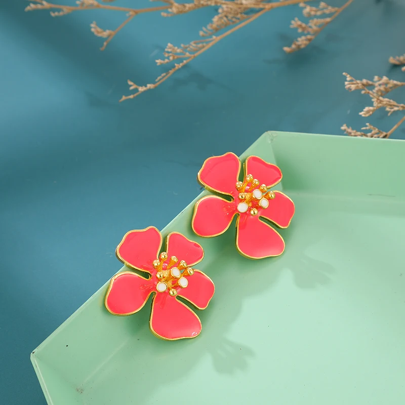 Tocona Charming Pretty Red Flowers Stud Earrings for Women Gilrs Gold Alloy Metal Party Jewelry Wholesale 14336 | Украшения и
