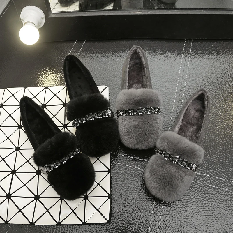 Женские зимние туфли со стразами стразы меховые плюшевые мягкие из натурального