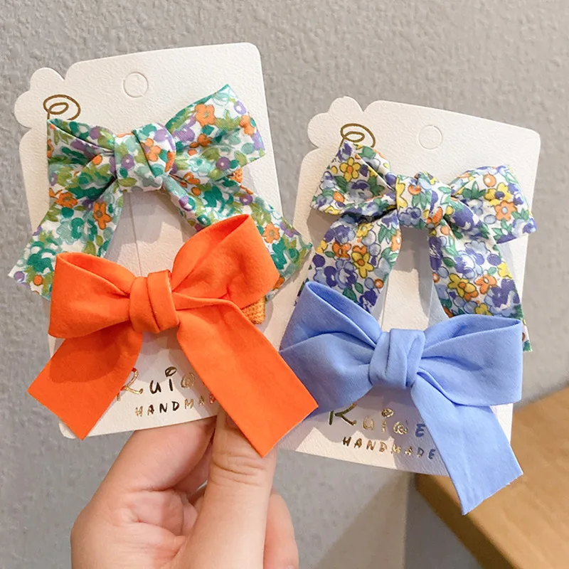 

[Xwen] 2 Pieces/set Floral Bow Children Hairpin Kids Headdress Printed Side Bangs Clip Fashion Accessories OH2137