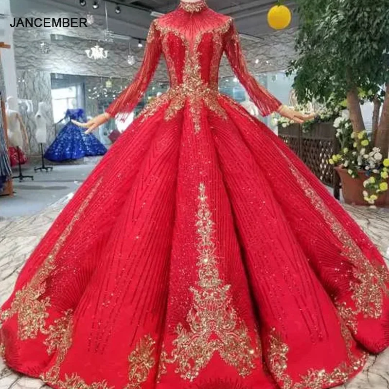 

LS11238 бальное платье, красное свадебное платье, длина до пола, высокая горловина, длинные рукава, выпускные платья, плиссированные вечерние п...