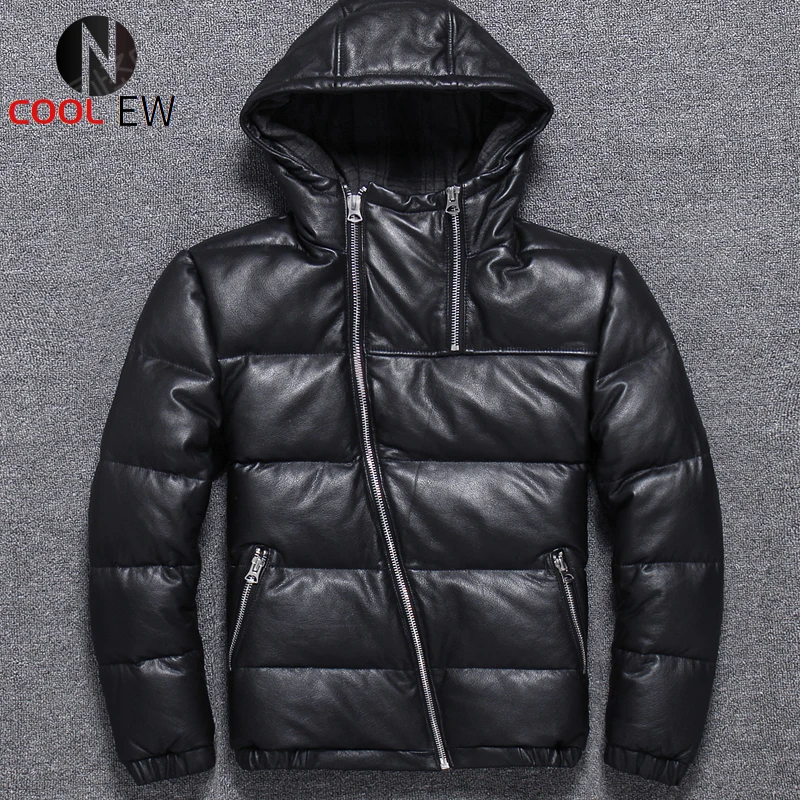 

Winter Cowhide White Duck Down Jacket Men High Quality Real Leather Thick Warm Hooded Down Coat Brand Business Casual Outerwear