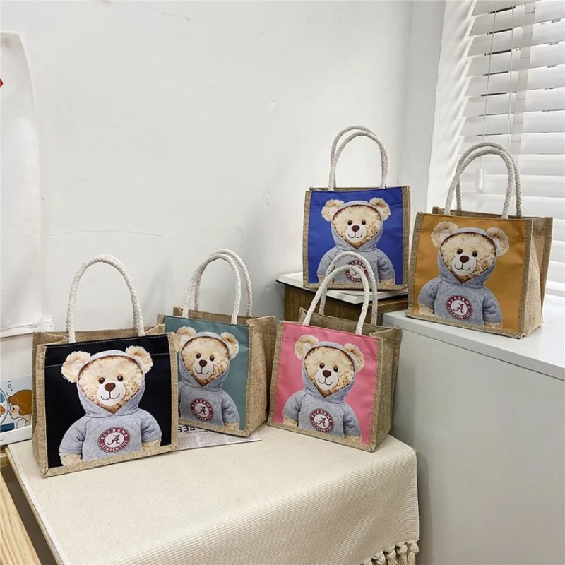 

Cute Bear Print Linen Shoulder Handbag for Xmas Casual Canvas Top-handle Gift Bag Fashion Shopping Bag Women Ladies Lunch Bag