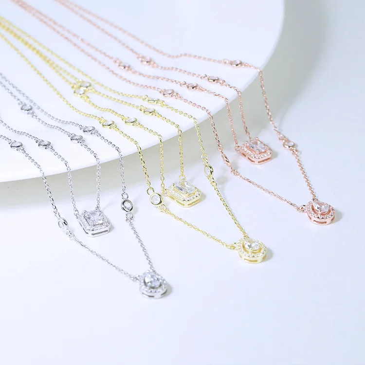 Hot brand 925 Sterling Silver Zircon square stone Necklace For Women With logo tag France drop water | Украшения и аксессуары