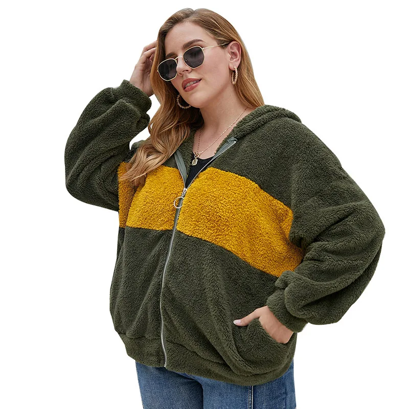 

Plus Size 2021 Women's New Winter Street Trendy Green Hooded Cardigan Jacket Oversized Stitching Causal All Match Tops