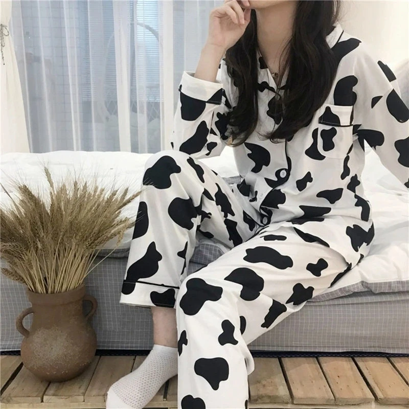 Cotton Home Suits Korean Sleepwear Cow Print Pajamas for Women Autumn Pijama Pyjamas Long Sleeve 2 Piece Set Pjs  Cute Nightwear