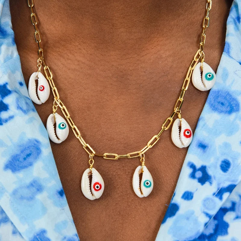 

Цепочка золотого цвета в стиле панк/хип-хоп, ожерелье с подвеской из натуральной ракушки Коури, модное уникальное украшение для глаз в ретро стиле, Пляжная бижутерия