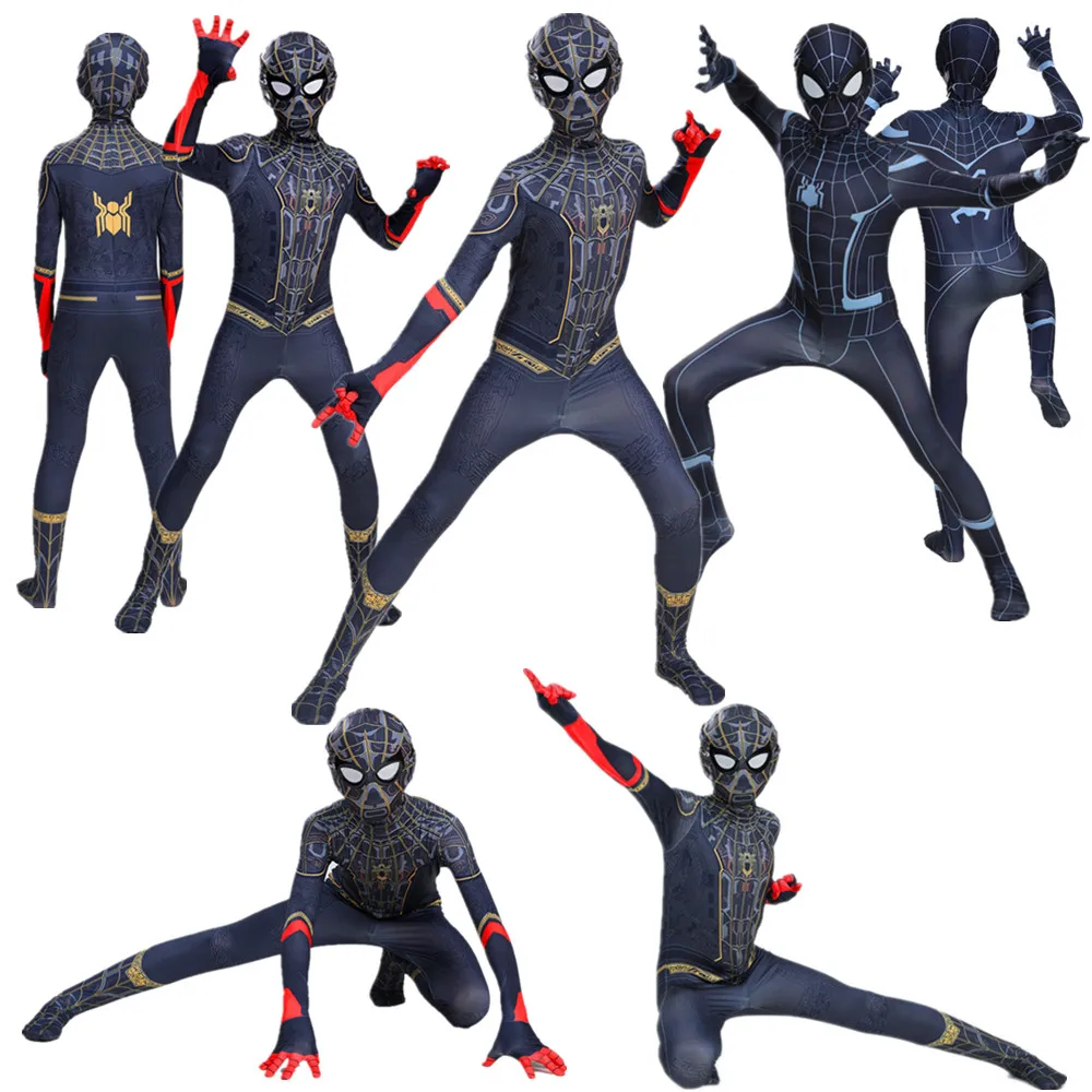 

Movie Spider 3 No Way Home Cosplay Costume Black Gold Suit Peter Parker Zentai Bodysuit Halloween Carnival Jumpsuit Kids Adult