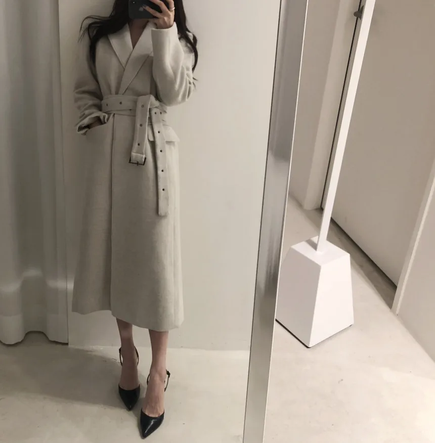 Hebaoli new fashion korean chic vintage style elegant lace up waistband slim long winter windbreaker woolen coat western women