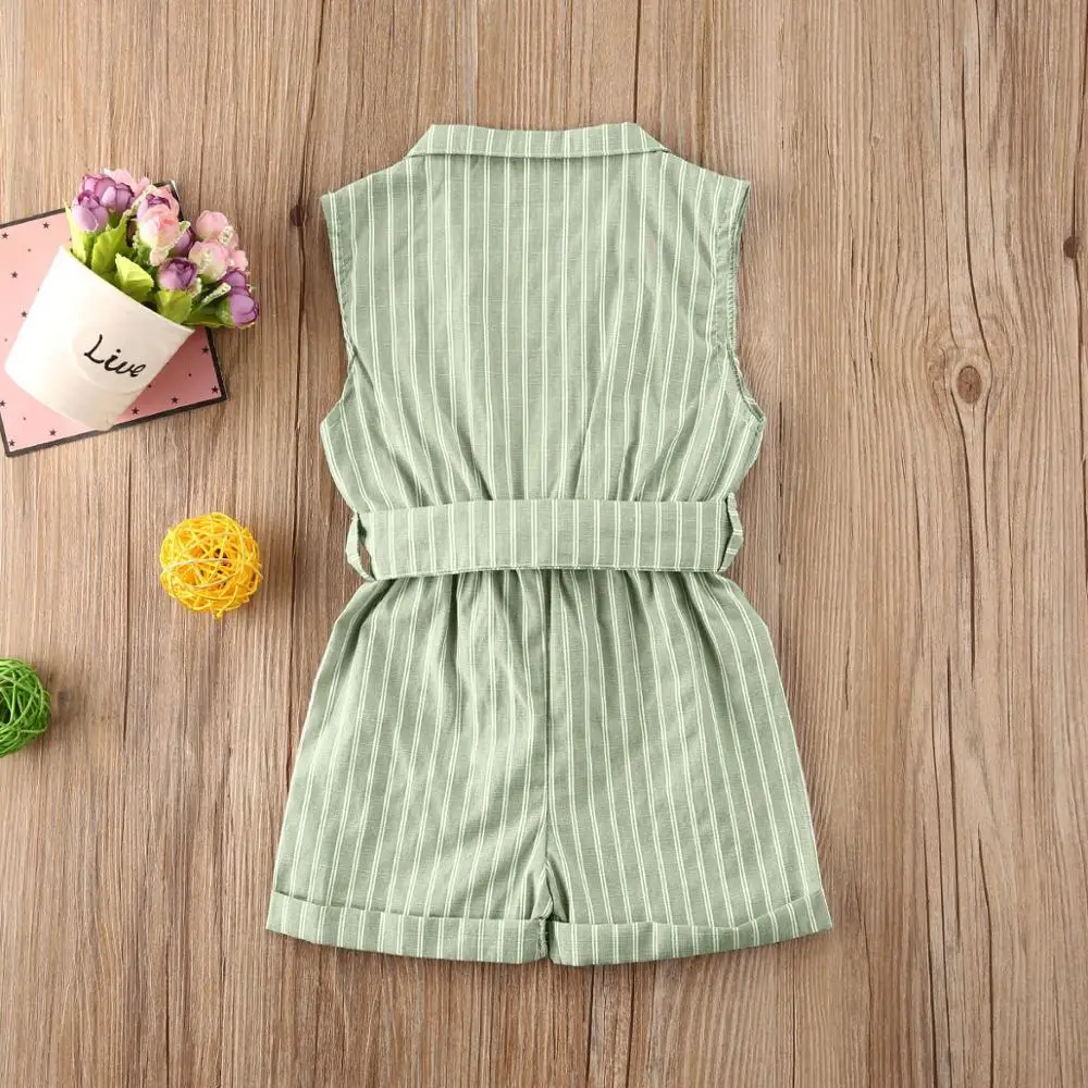 

1-6Y Summer Toddler Baby Girls Rompers Overalls Striped Print Sleeveless Turn Down Button Jumpsuits