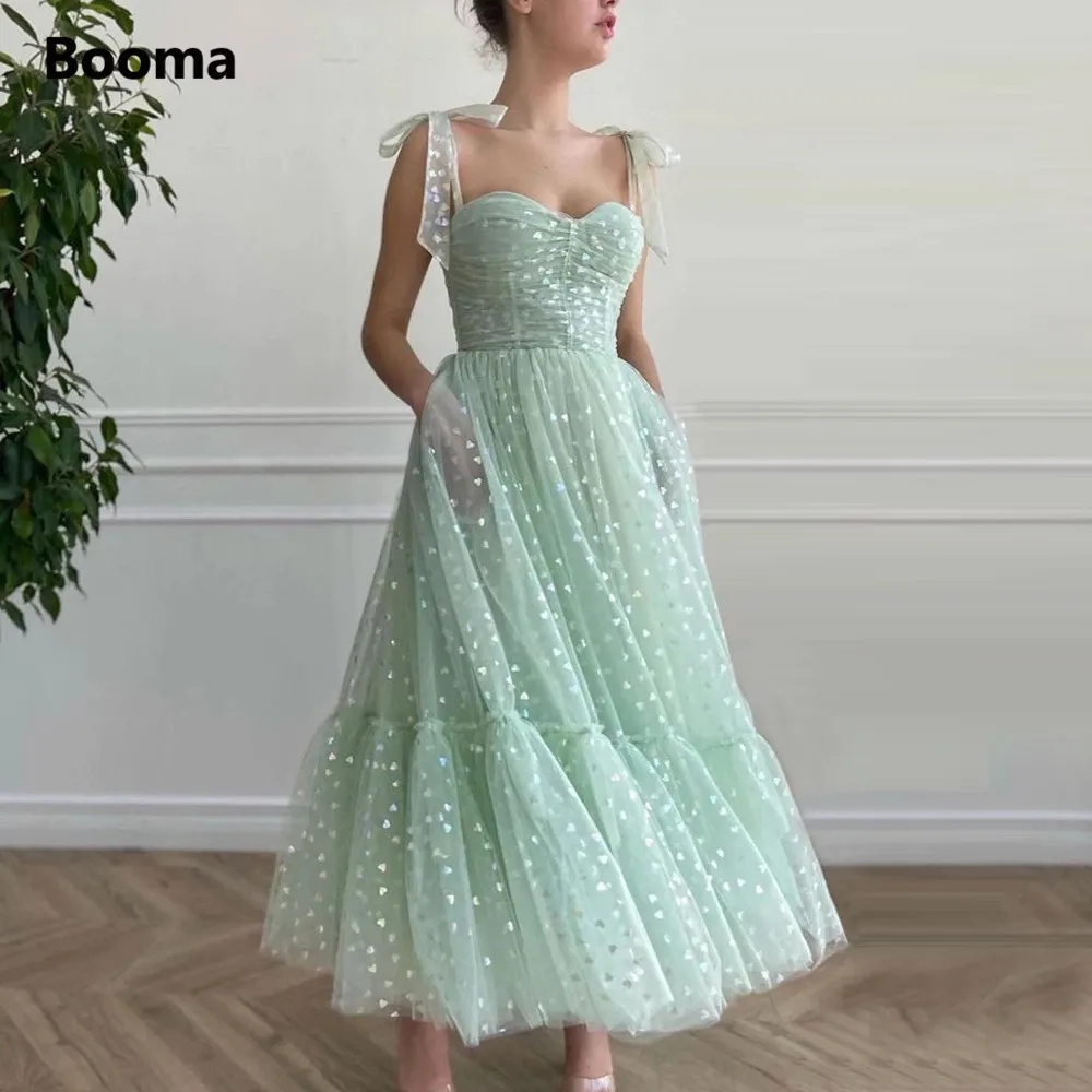 

Booma Mint Green Hearty Tulle Midi Prom Dresses Sweetheart Bow Straps A-Line Prom Gowns Pockets Tea-Length Wedding Party Dresses