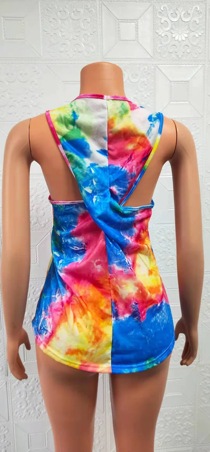 

FNOCE 2021 Spring Hot round Neck Sleeveless Tie-Dye Twist Casual Women's Top Crop Top Women's Shirts For Summer