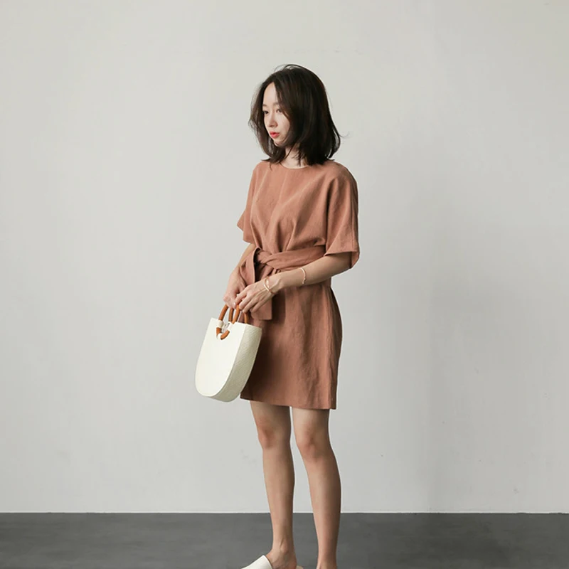 Женское хлопковое платье с круглым вырезом коротким рукавом | Женская одежда