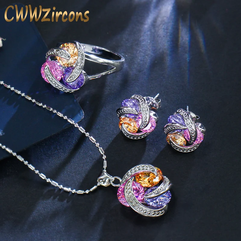 Женский комплект с кулоном CWWZircons многоцветные серьги и кольца геометрической