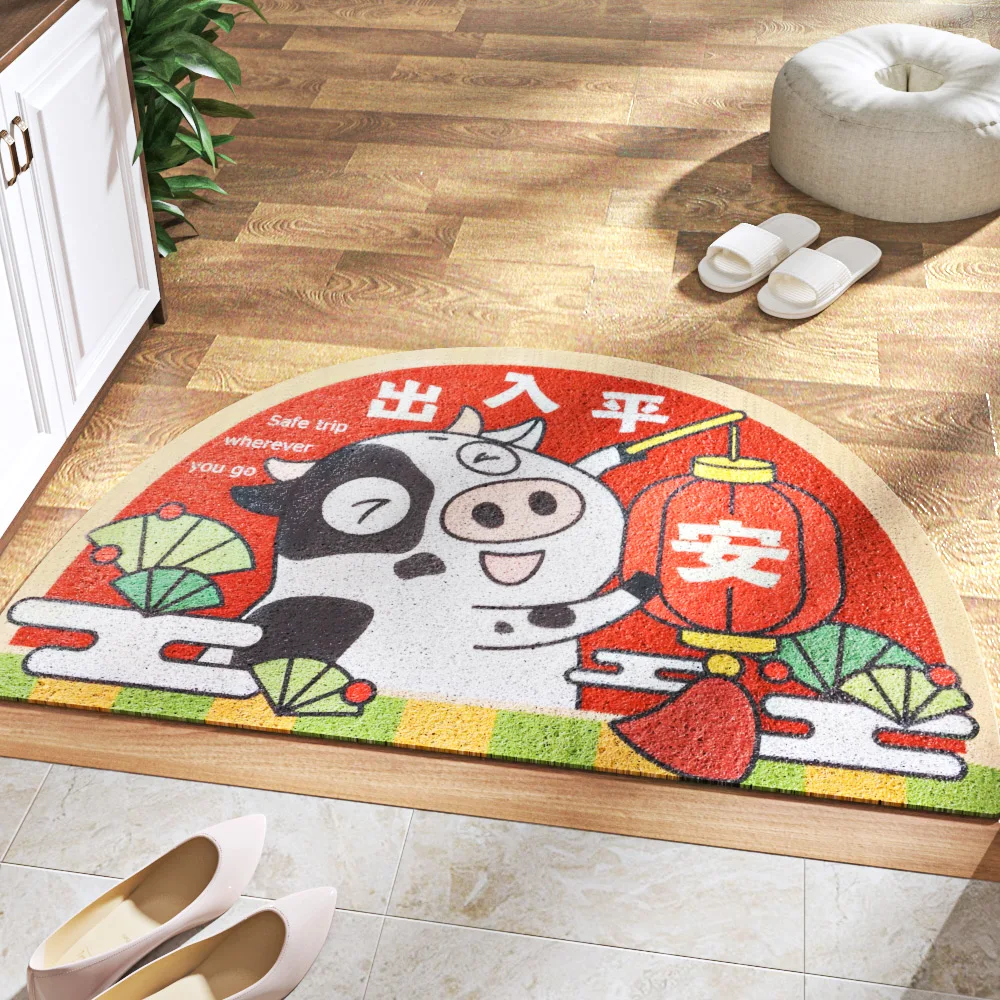 

Semicircle Silk Ring Foot Mat Door Mat Entrance Home Use Red Festive Door Mat Year of the Ox Safe Trip Entrance Door Mat