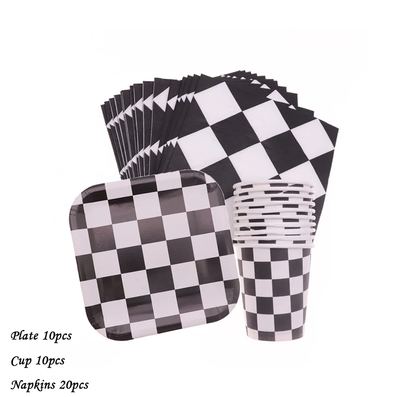 Black White Racing Car Party Deco Servies Chess Disposable tableware Set Checkered Flag Party Supplies Baby Shower Deco for Kids images - 6