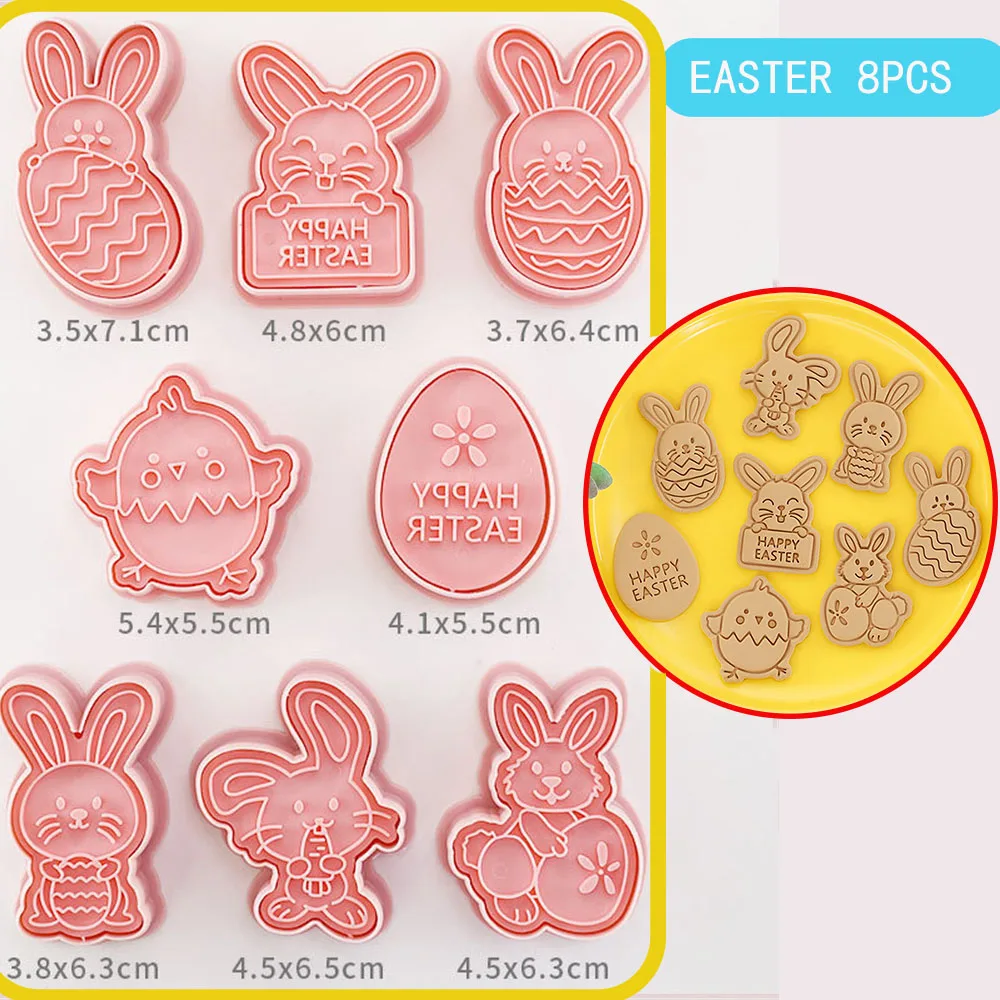 

8Pcs/set Easter Plastic Cookie Cutter Rabbit Egg Biscuit Cutter 3D Cartoon Bunny Molds Baking Tools Easter Party DIY Decoration