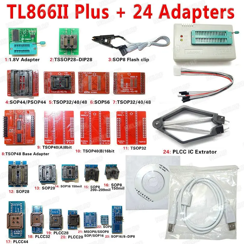 24 adapters Новейший XGecu TL866II плюс USB программатор 1,8 V nand flash 24 93 25 mcu биос EPROM лучше, чем TL866CS/TL866A програмер - Цвет: 24 adapters
