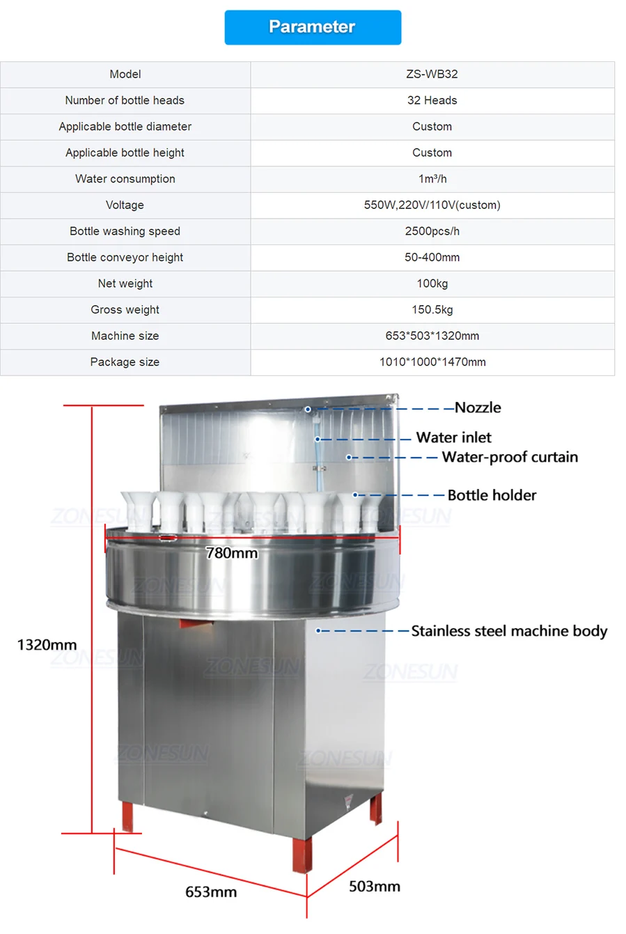 ZONESUN ZS-WB32 Máquina de lavar garrafa semiautomática pequena giratória